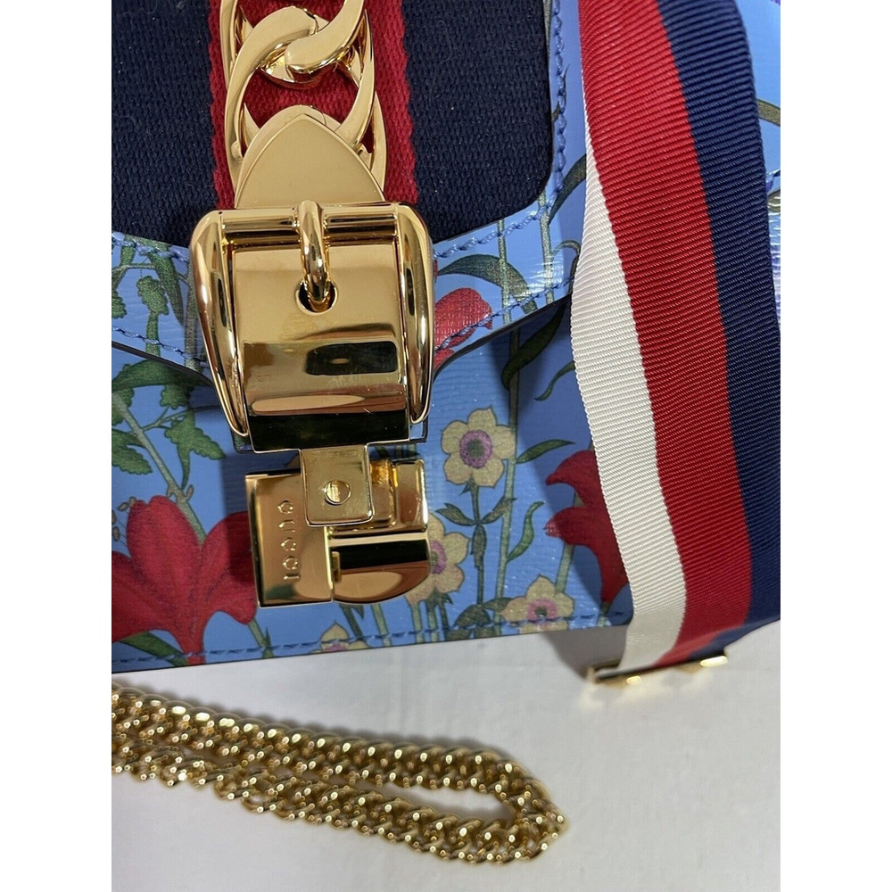 Gucci Sylvie Azure Blue Flora Chain Strap Leather Shoulder Bag #431666 L/N - Picture 4 of 14